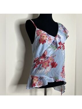Amanda Uprichard Floral Asymmetric Silk Top Size Small Blue/Pink (bin DD)